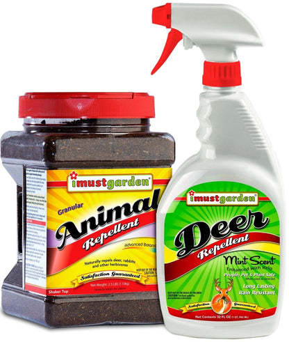 Deer Defense -Save money and defeat deer by bundling 2 of our most popular repellents: - 32oz Ready-to-Use Trigger Spray Deer Repellent, -2.5lb Granular Animal with Shaker Top